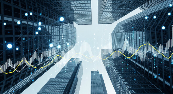 Skyscrapers and data visualization: modern business and technology concept - Powered by Adobe