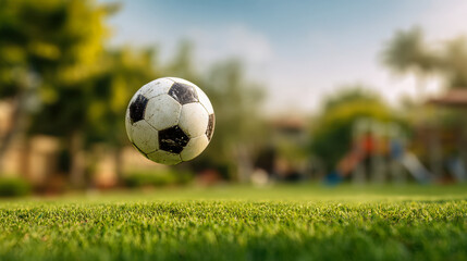 Obraz premium A classic black and white soccer ball suspended midair over a vibrant green grass field with a blurred background of trees and playground equipment on a sunny day
