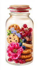 Delicious assortment of baked cookies, fresh berries, and vibrant flowers in a glass jar, isolated on white