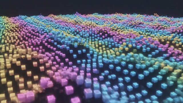 Dynamic transformation of colorful pixel cubes moving in synchronized wave patterns creating a vibrant retro digital background synchronized, big data, virtual reality
