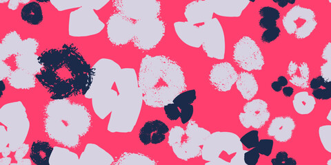 Seamless abstract floral pattern featuring bold hand-painted textured shapes on a red background. Ideal for textile prints, packaging, wallpapers, fabric design, stationery