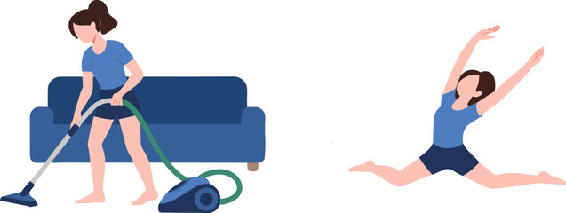Woman vacuuming the living room and performing stretching exercise in modern flat vector illustration of daily home activities