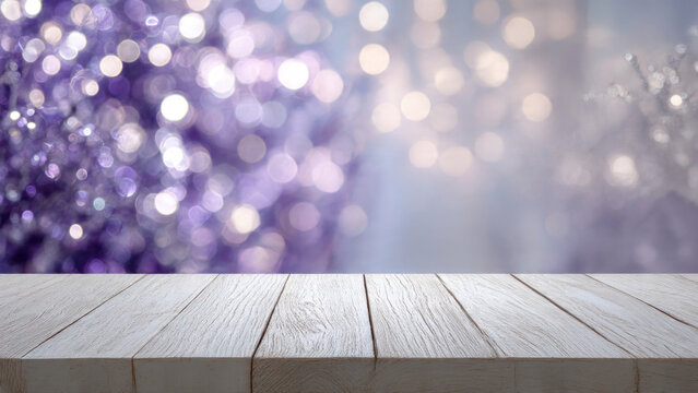 Rustic white wooden table foreground with a magical, shimmering bokeh background of purple and white lights, ideal for festive product display. - Powered by Adobe