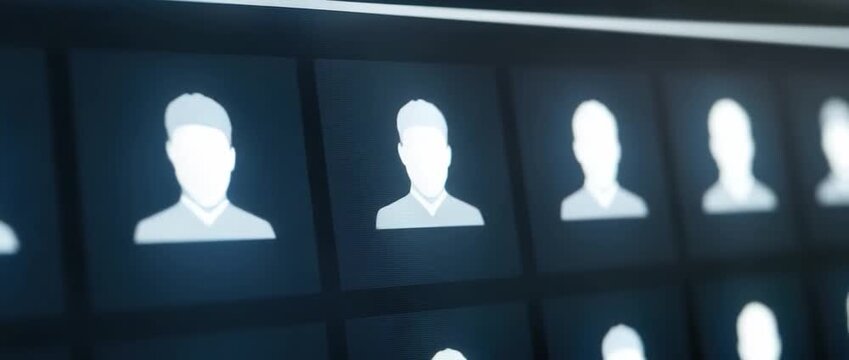 Close up view of multiple user avatar silhouettes arranged in a digital grid pattern on a dark interface screen