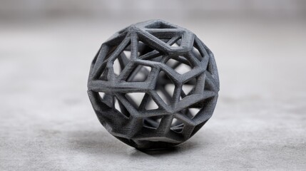 A geometric shape sits on a gray surface. The object has a unique structure with open spaces and a complex pattern. This shape illustrates modern design techniques and creativity.