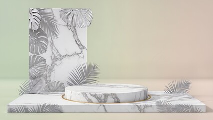 3D modeled marble display stand, tropical leaf patterns, soft green-beige background blend, product mockup template, strategic empty space for branding,