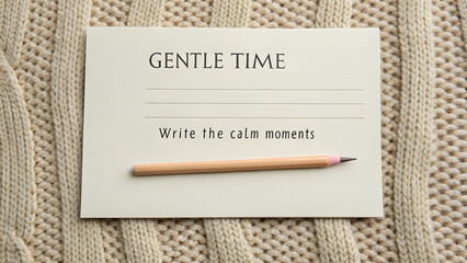 Blank card and pencil on a beige wool surface