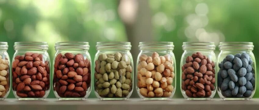 Six glass jars holding assorted almonds peanuts hazelnuts and pistachios arranged outdoors with a bright green