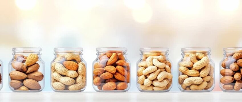 A collection of six glass jars containing various raw nuts including almonds and peanuts arranged against a bright bokeh