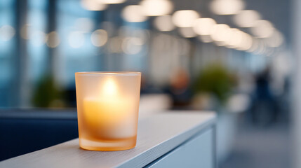 A lit candle in a glass sits on top of a counter with an out-of-focus setting behind it