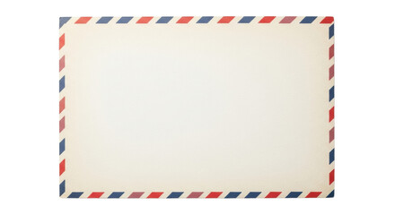 Obraz premium Aged, off-white paper with subtle texture and airmail border, diagonal red and blue stripes, isolated object on neutral background, clear copy space, flat-lay studio shot, concept of global