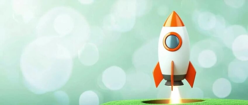 Stylized white and orange rocket spaceship launching vertically from a grassy patch with bright bokeh lights