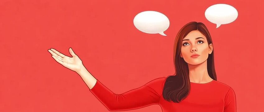 Illustrated young woman looking up with two blank speech bubbles against a vibrant red background