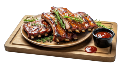 Grilled BBQ Ribs on Plate with Sauce and Rosemary