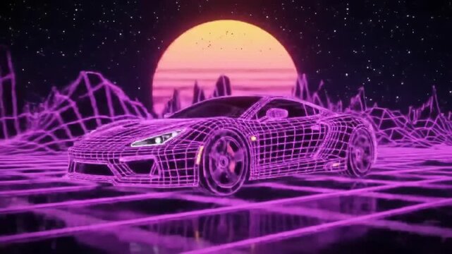 Neon Wireframe Sports Car Driving on Synthwave Grid Landscape
