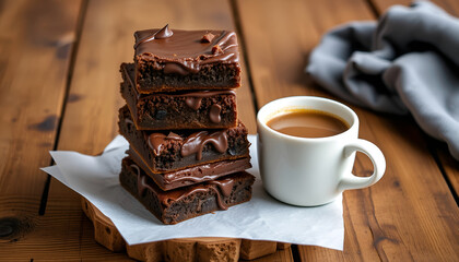 Stack of decadent chocolate brownies on a wooden table, accompanied by a steaming cup of coffee, creating a cozy and inviting dessert scene with warm ambiance