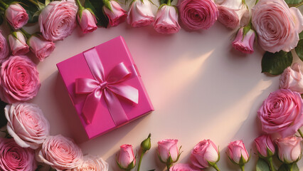 Pastel-colored gift box adorned with satin bow, placed beside a cascading bouquet of roses and baby's breath.