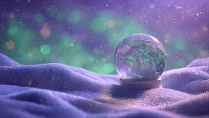 A shimmering snow globe on a bed of sparkling snow, under a magical aurora sky with falling light particles, evokes winter wonder.