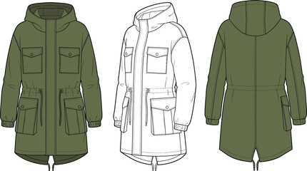 cad drawing flat vector illustration, hooded parka jacket technical sketch, front back side view, fashion design template, garment construction layout** © Mst