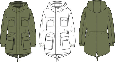 cad drawing flat vector illustration, hooded parka jacket technical sketch, front back view, fashion design template, garment construction layout** © Mst