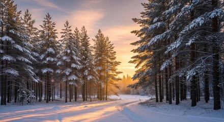 A tranquil winter forest path at sunrise, bathed in golden light, winding through majestic snow-covered pine trees, creating a serene and picturesque natural landscape