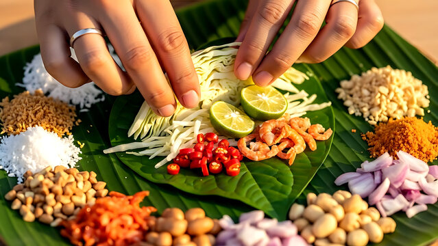 Vibrant and colorful street food style of Thai miang kham, a leaf-wrapped snack with cabbage, lime, chili, and dried shrimp, being assembled on a betel leaf 