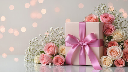 Pastel-colored gift box adorned with satin bow, placed beside a cascading bouquet of roses and baby's breath.