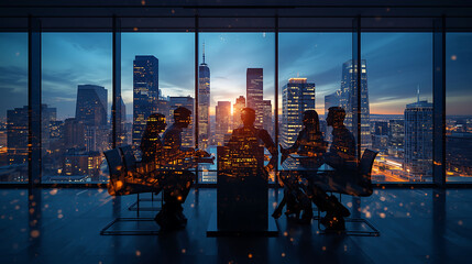 Executive team meeting overlooking dazzling city sunset skyline