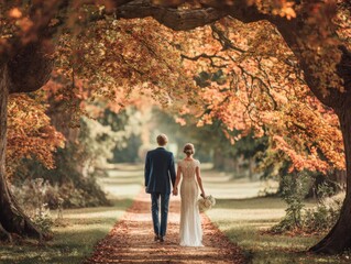 Obraz premium Bride and Groom Walking Under Autumn Trees