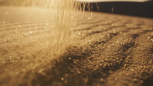 Extreme close-up shot of fine beige desert sand slowly shifting and blowing across vast ripple patterns in warm sunlight natural element, tranquility, natural motion