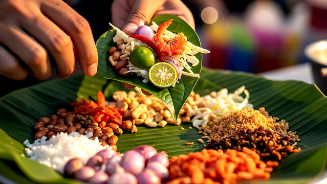 Vibrant and colorful street food style of Thai miang kham, a leaf-wrapped snack with cabbage, lime, chili, and dried shrimp, being assembled on a betel leaf 