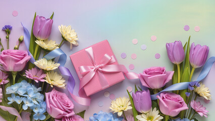 Pastel-colored gift box adorned with satin bow, placed beside a cascading bouquet of roses and baby's breath.