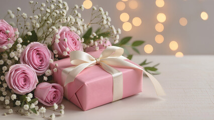 Pastel-colored gift box adorned with satin bow, placed beside a cascading bouquet of roses and baby's breath.