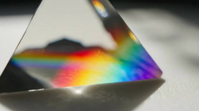 Extreme close-up slow motion of bright sunlight refracting through a triangular crystal prism creating dazzling vibrant spectrum color bands moving across a surface science, abstract, luxury