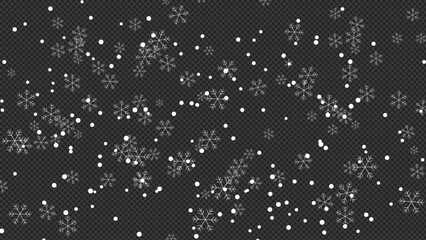 Realistic falling snow and ice crystal flakes overlay pattern on transparent background for festive winter design projects