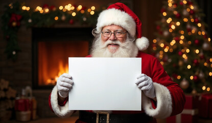 Santa Claus smiling holding white paper mockup with Christmas tree and fireplace background