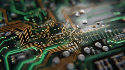 A circuit board is on display with intricate pathways and connections. The design shows various components and a mix of colors typical for electronic devices.