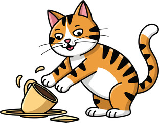 Obraz premium Cute Cartoon Cat Spilling Coffee Cup Vector