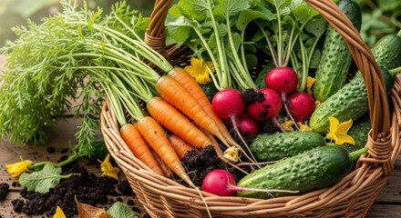 Freshly Harvested Organic Vegetables in a Rustic Wicker Basket on a Wooden Table