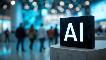 Stunning illuminated AI signage glows brightly in a bustling modern technology exhibition hall background