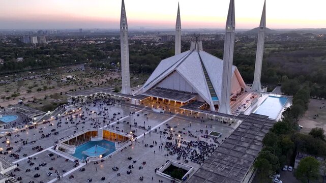 Faisal Masjid in Islamabad at twilight Prayers gathered in largest Mosque in Pakistan to eat Iftari, Ramazan, Aerial