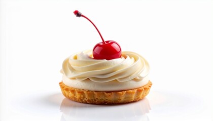 Single cupcake with golden-brown base, white swirled frosting, red cherry on top, in striped liner on white background.