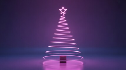 Stylized glowing pink neon light spiral christmas tree with star on display