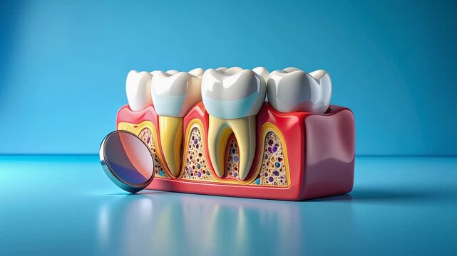 歯科器具と共に置かれた歯の断面模型で金歯と虫歯を学ぶ壁紙背景