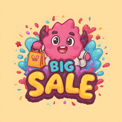 Fototapeta premium Vibrant Sale Announcement with Cartoon Character and Confetti