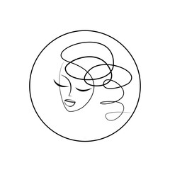 Beauty logo for a beauty salon. Female portrait, curly hairstyle. Haircut style icon. Face of a young woman with an elegant hairstyle.