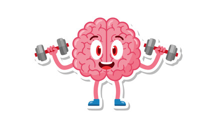 Cartoon Pink Brain Character Lifting Dumbbells With Red Eyes and Blue Shoes Engaging in Fitness Exercise in a Gym Setting