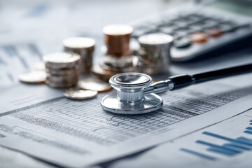 Stethoscope resting on financial documents with stacks of coins and calculator in the background illustrating healthcare cost analysis and budgeting strategies