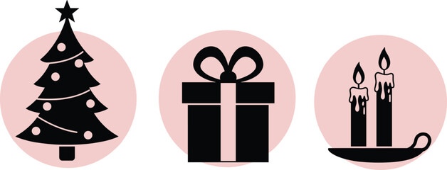Set of three Christmas black silhouette icons on pink pastel circles, featuring a decorated pine tree, wrapped gift box, and two lit candles, perfect for holiday app buttons and festive web elements.