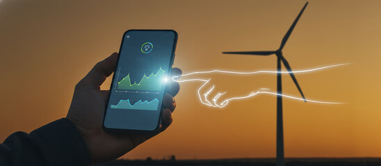 Hand Holding Smartphone with Graphs Against Wind Turbine at Sunrise for Renewable Energy Concept